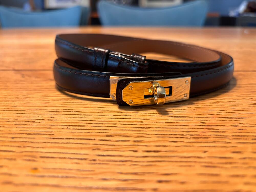 Brown Leather Turn-Lock Belt Gold Tone Hardware Quiet Luxury Equestrian Style